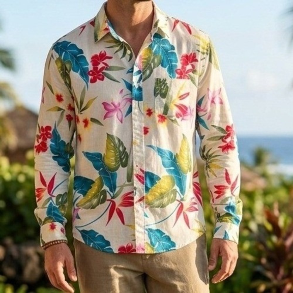 Brooklyn Cloth Floral Button Down Men Large Cream Tropical Long Sleeve Shirt